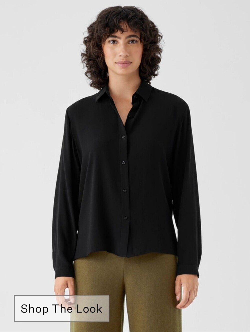 Eileen Fisher Silk Georgette Crepe Black Button Front Shirt Large 97% Silk
